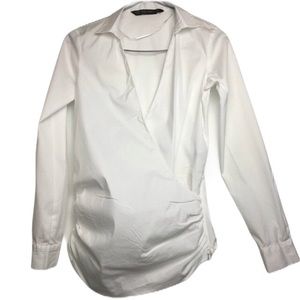 Zara White Long Sleeve v-Neck Shirt XS